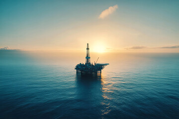 Obraz premium Aerial view of an oil rig in the ocean at sunset, showcasing the crane and serene waters during golden hour