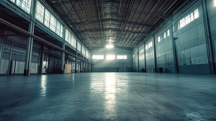 Obraz premium Spacious empty industrial warehouse with high ceilings and concrete floors, ideal for product demonstrations or events in a modern factory setting