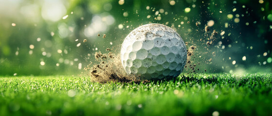 Close-up of a golf ball impacted by a club on lush green grass with flying dirt and a blurred background, capturing the thrill of the game