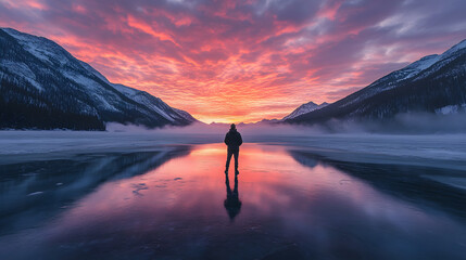 A person standing on a frozen lake at sunset, feeling awe and wonder at the beauty of winter.