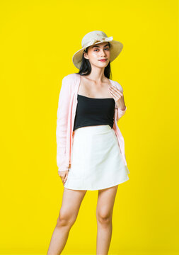 Western Lady&rsquo;s Fashion: Black and White Outfit for Mockup Designs With a Yellow background
