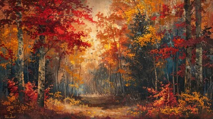 Fototapeta premium Vibrant autumn forest path, red and gold foliage.
