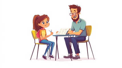 Fototapeta premium a 2D cartoon illustration of a teacher reviewing spelling words with a student, supportive and fun, white background--ar 16:9