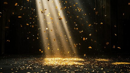 Glimmering Light Rays Illuminating a Dark Room Filled with Floating Gold Particles Creating a Magical and Enchanting Atmosphere for Artistic Imagery