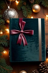 christmas background with gift box and fir tree branch