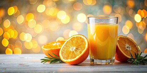 Naklejka premium Vibrant Fresh Orange Juice in Glass with Citrus Slice on Bright White Background, Perfect for Banner Design, Refreshing Beverage, Healthy Drink, Summer Vibes