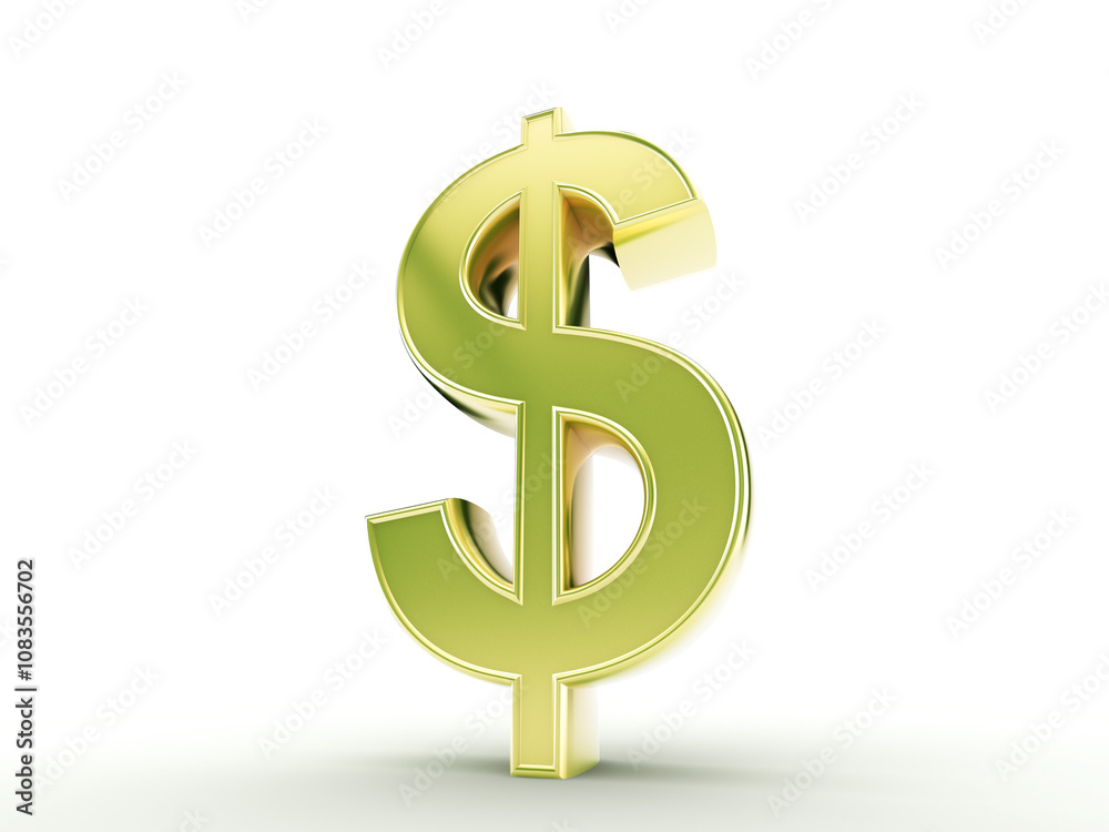 Poster A shiny golden dollar symbol isolated, standing upright on a white background. It reflects wealth and currency concepts. 3D Rendering