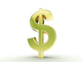 Obraz premium A shiny golden dollar symbol isolated, standing upright on a white background. It reflects wealth and currency concepts. 3D Rendering