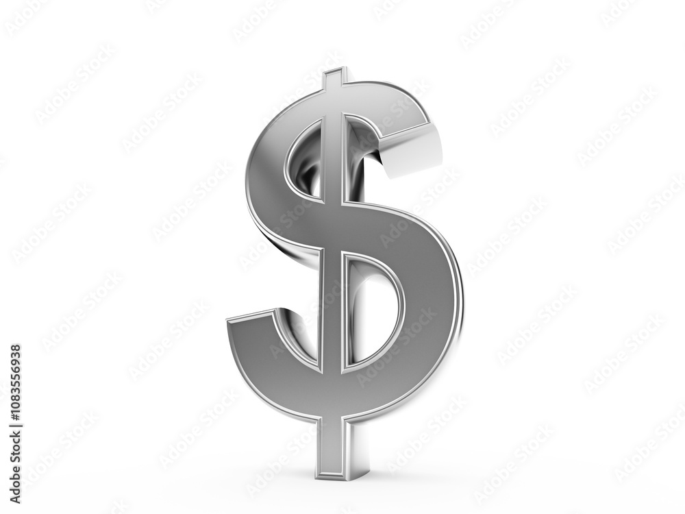 Poster a silver 3d-rendered dollar sign isolated and centered on a clean white background. the symbol has a