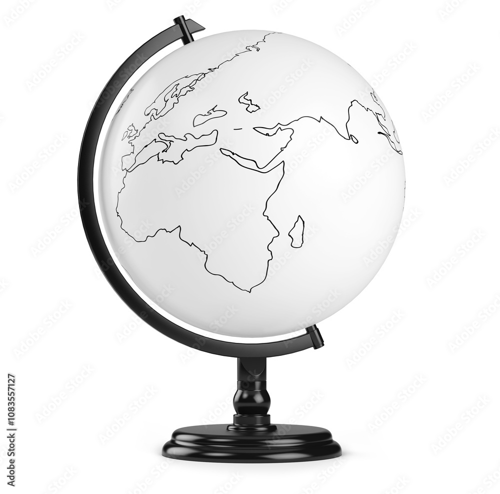 Poster A minimalistic globe withstand featuring simple continent outlines, isolated on a white background. Concept of geography and education. 3D Rendering