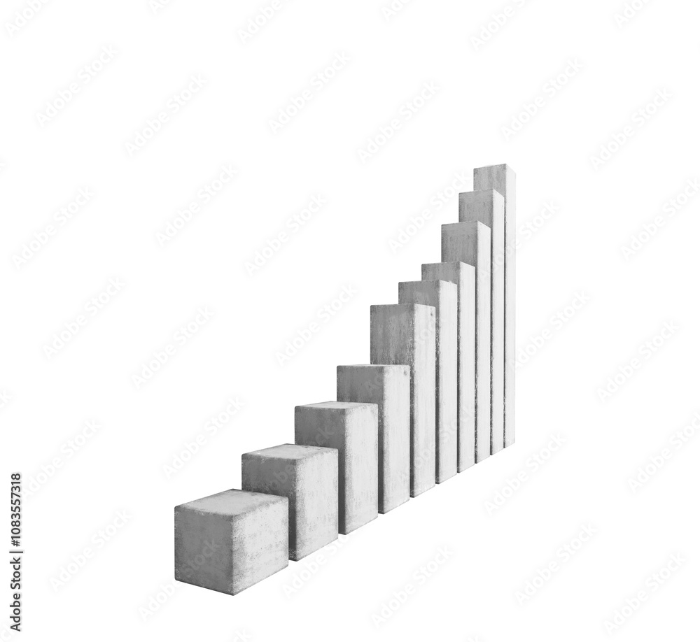 Poster A series of concrete blocks arranged in an ascending bar chart style on a white background. Concept of growth, progress, or analytics. 3D Rendering