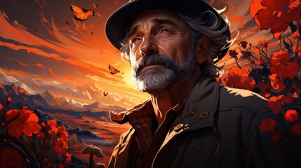 Vivid stylized portrait of an older farmer surrounded by red flowers under a glowing sunset. Dramatic artistic scene.