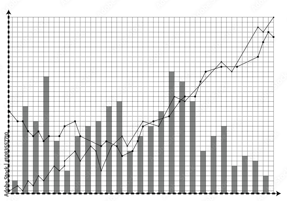 Poster Bar graph with a line overlay shown on a grid background. Gray bars depict data alongside a trend line. Concept of statistics, data analysis, and comparison