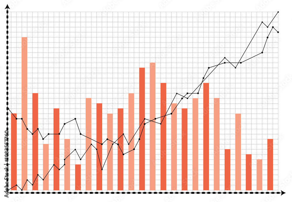 Fototapete A bar chart with red vertical bars and aline graph over a grid background. The concept is data analysis and comparison over time