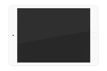 White tablet with a blankscreen shown from the top view, isolated on a white background. Digital device template for content display or design. 3D Rendering.