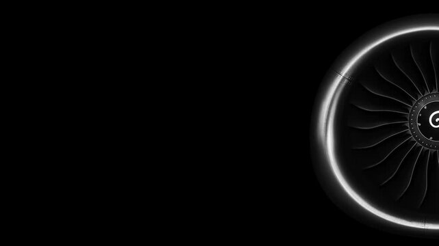 Jet engine against a black background, showcasing the spinning details of the aircraft's turbojet, highlighting its power and precision. Perfect for any aviation, engineering or aerospace technology.