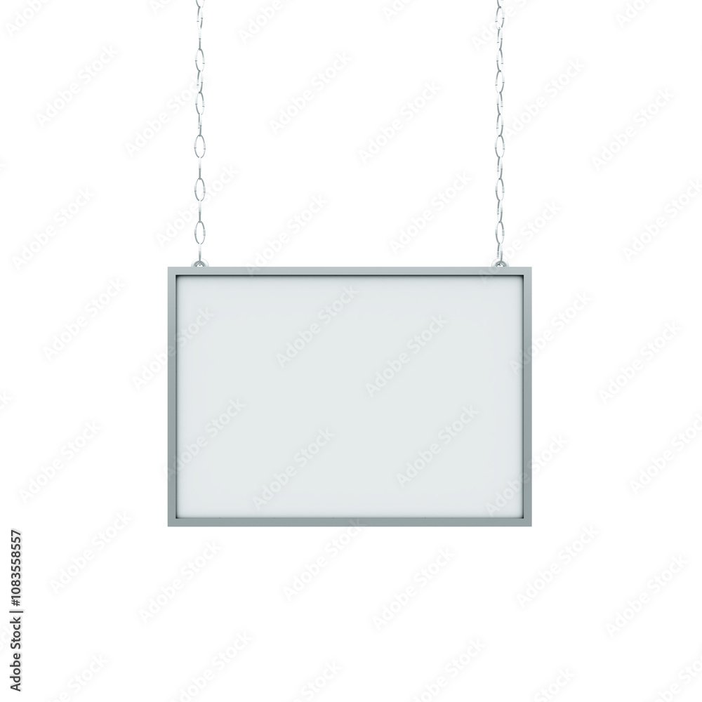 Aufkleber Rectangular sign mockup hanging from metal chains, isolated on a white background. Simple design layout for customizing signage or branding. 3D Rendering