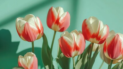 Fototapeta premium Vibrant Tulips with Soft Red and White Petals Against a Turquoise Background Capturing the Beauty of Nature in a Fresh Floral Arrangement