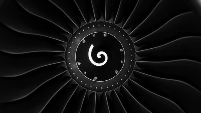 Jet engine against a black background, showcasing the spinning details of the aircraft's turbojet, highlighting its power and precision. Perfect for any aviation, engineering or aerospace technology.