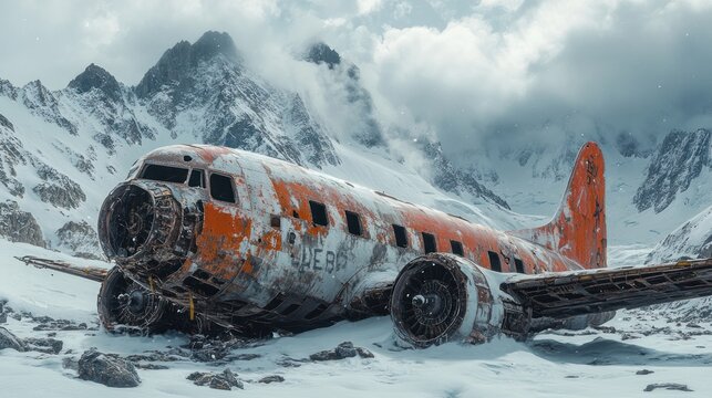 A weathered orange airplane crashed in a snowy mountainous landscape.