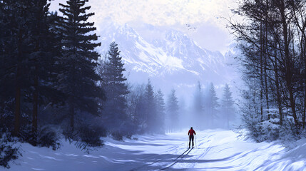 A picturesque winter scene of a cross-country skier gliding through a snow-covered forest trail, with misty mountains in the background and crisp, fresh winter air.