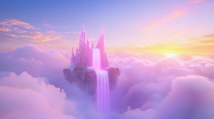 Fototapeta premium Enchanting Surrealist Dreamscape of Floating Castle in Clouds with Vibrant Sunset - Ultra-Detailed Digital Artwork