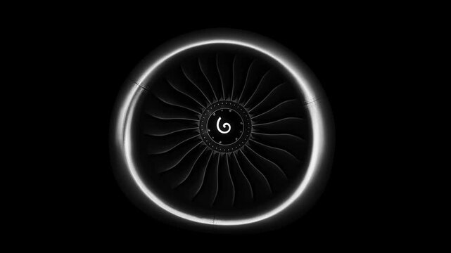 Jet engine against a black background, showcasing the spinning details of the aircraft's turbojet, highlighting its power and precision. Perfect for any aviation, engineering or aerospace technology.