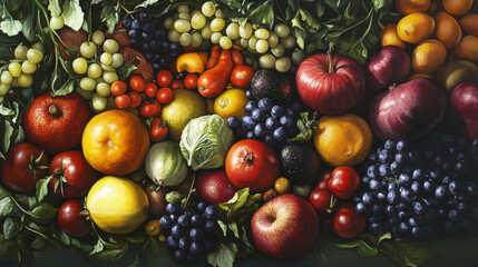 A painting showing a group of fruits and vegetables piled up together.