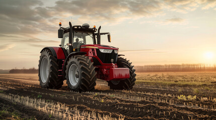Fototapeta premium Red tractor working in a vast field during sunset, capturing rural agricultural life