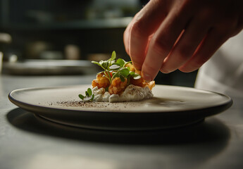 A chef's hands are placing herbs on a dish of crispy food and white cheese