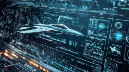 Fototapeta premium A picture of a jet fighter with a screen showing its weapons system, including missiles.