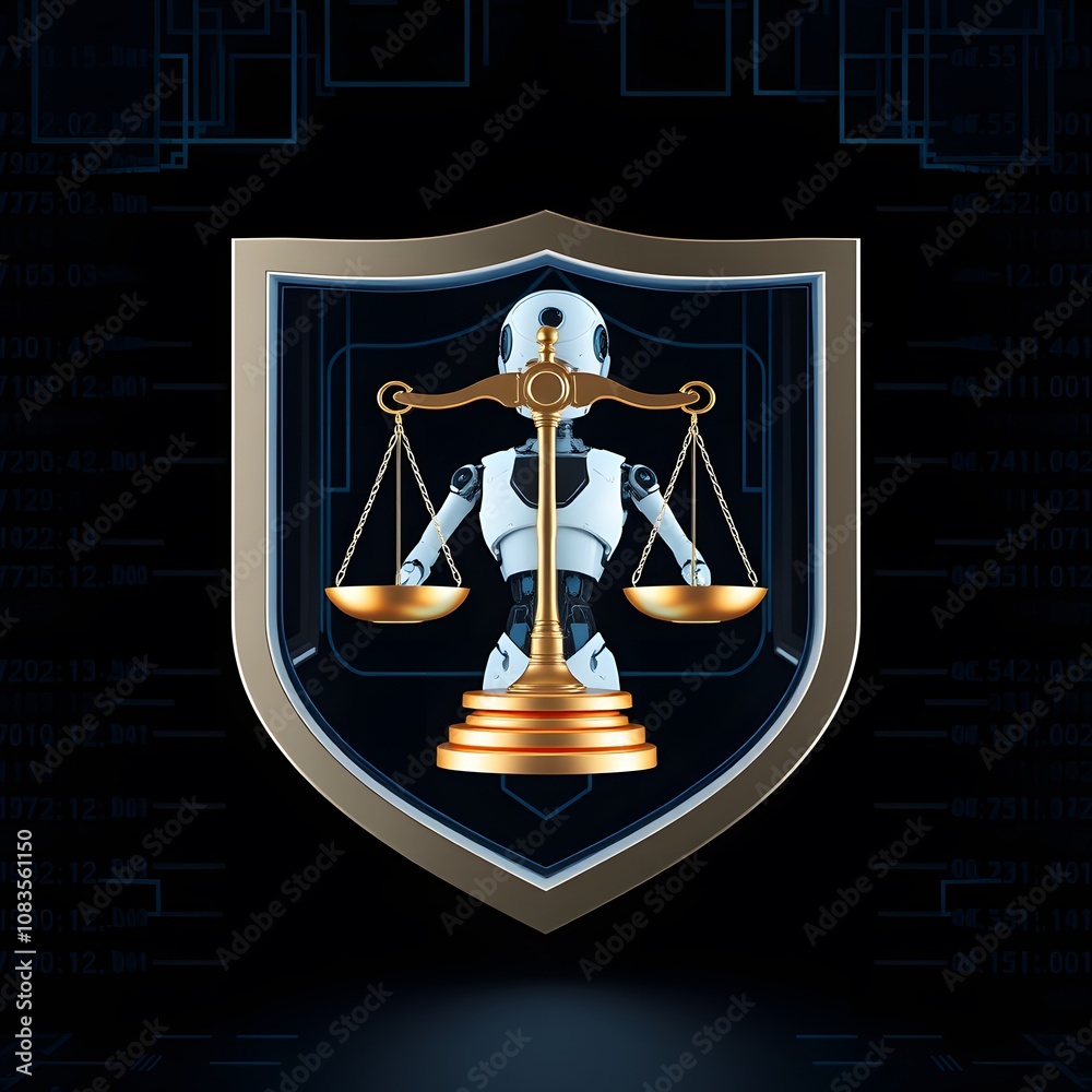 Fototapete 3d rendering of an ai legal bot featuring scales of justice encased in a shield symbol against a dar