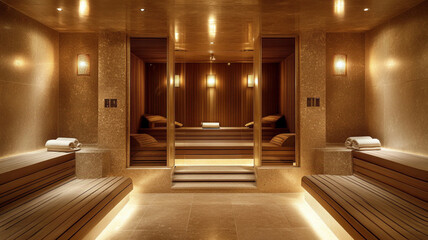 high end spa steam rooms with minimal glass doors. Style a blend of modern and american classic architectural styles. Include walnut wood, plaster walls, limestone, glass, and wood hardware.