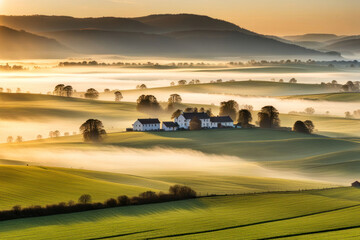 Obraz premium A misty morning in the countryside, with a farmhouse nestled in the rolling hills.
