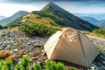 Tent Camping In The Mountains, First Morning Light. Campsite with a brown dome tent on a high...