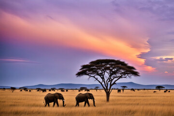 Fototapeta premium Elephants at sunset in African savanna.