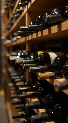 Naklejka premium Close-Up of Wine Bottles Stacked on Wooden Racks in a Cellar