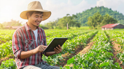 Young farmer using a tablet in a field, analyzing crop health data, promoting smart farming for sustainability and innovation