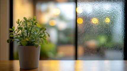 Fototapeta premium A Potted Plant Near A Rainy Window With Blurry Lights