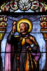 Obraz premium Saint Ferreol church. Stained glass window. Saint Francis Xavier. Saint Fargeau. France.