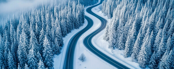 Highway through a snow-covered landscape with towering snow-covered spruce trees, top view