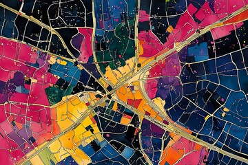 Abstract Watercolor City Map Vibrant Urban Landscape. A stylized artistic representation of a city's infrastructure and layout, showcasing a blend of watercolor and cartographic elements.