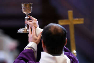 Saint Jacques church.  Sunday mass. Eucharist celebration.  Sallanches.  France.