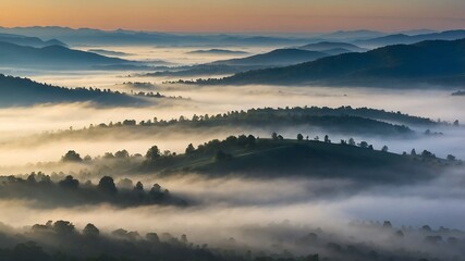 Obraz premium MistyValleyMorningBackgrounds, FoggyMountainLandscapes, SereneNatureScenes, MorningMistValleyDesigns 