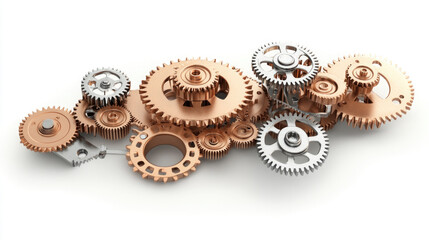 Golden gears and a pile of parts on a white background