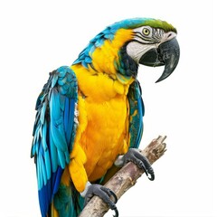 Fototapeta premium Colorful macaw perched on a branch, showcasing its bright blue and yellow feathers against a clean white backdrop