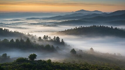 Obraz premium MistyValleyMorningBackgrounds, FoggyMountainLandscapes, SereneNatureScenes, MorningMistValleyDesigns 