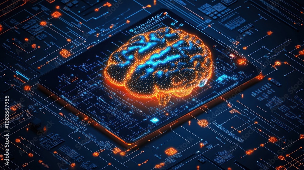 Poster a glowing digital brain within a technological circuit board.