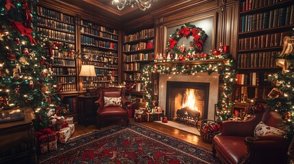 Cozy library decorated for christmas shelves filled AI generated illustration