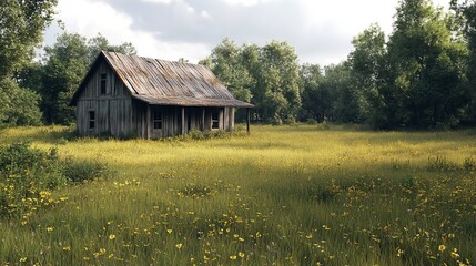 Fototapeta premium Abandoned farmhouse in a field, with overgrown grass and a cloudy sky.